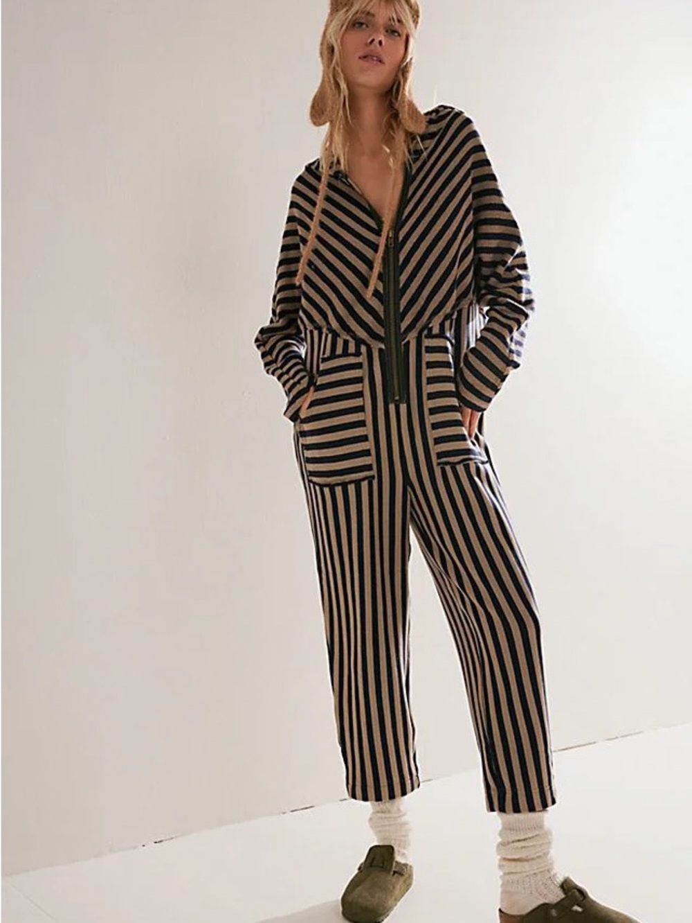 Free People Black and Tan Striped Zip-Front Jumpsuit